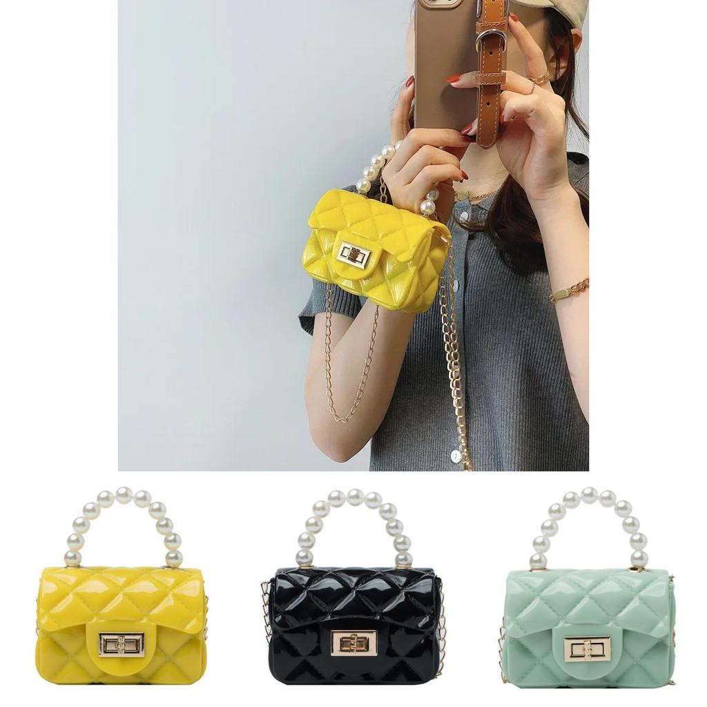 Fashionable Mini Jelly Bag With Pearl Chain Silicone Material For Children