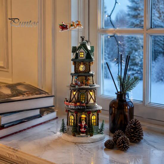 Resin Holiday Home Decor 2Pcs Christmas Train Music Box with Rotating Light, Snow Village Carousel Decorative Ornaments Ornament, Battery/USB Powered
