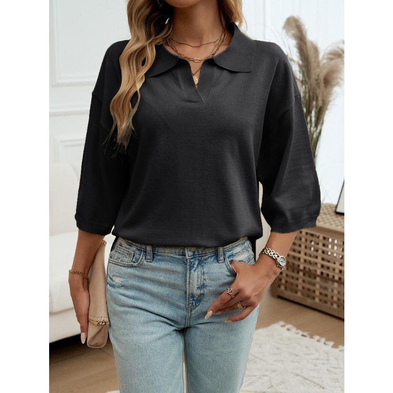 Women Solid Color Lapel Solid Color Half Sleeve Loose Sweater
