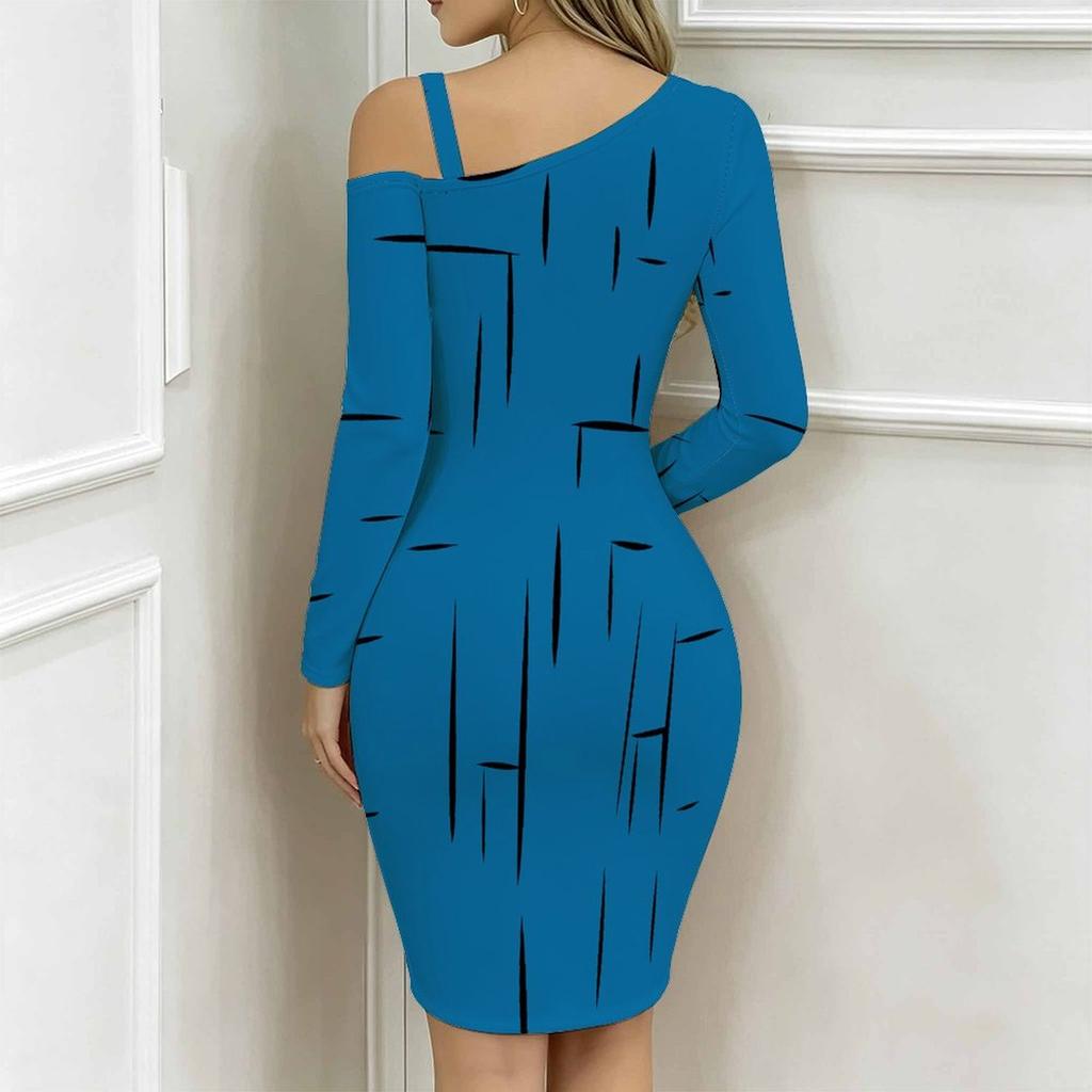 Women Plus Size One Cold Shoulder Long Sleeve Rainbow Zebra Print Irregular Wrap Bodycon Midi Dress