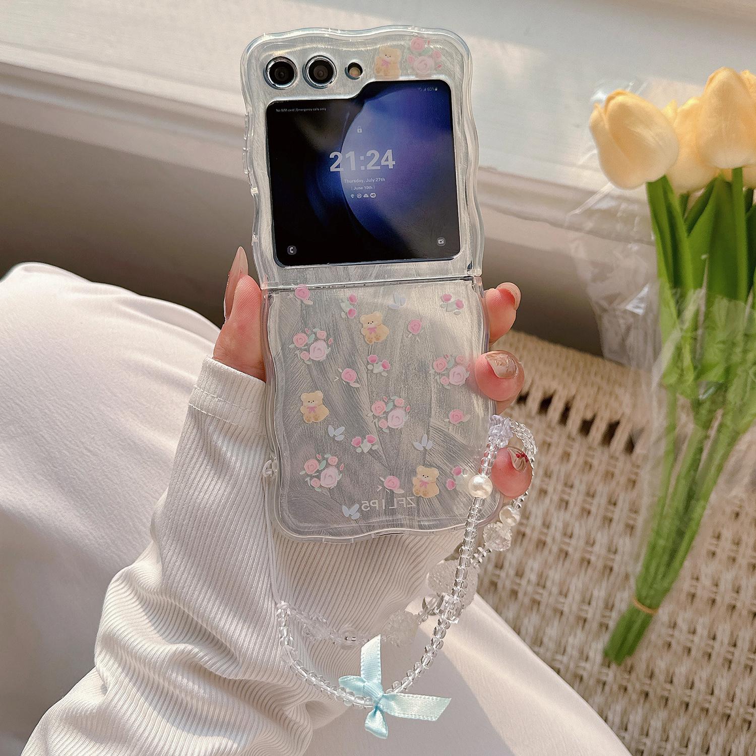 

Чехол для Samsung Galaxy Z Flip5 5G с принтом, жесткий ПК, чехол для телефона со шнурком Flower/Bear