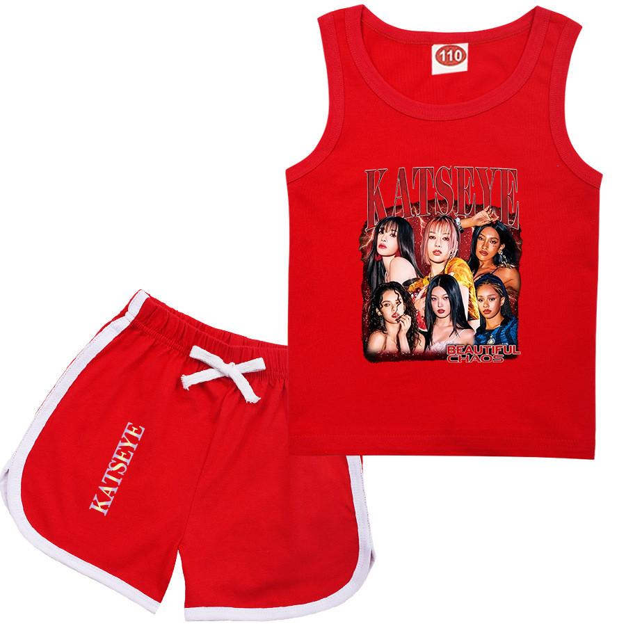 9198 Children Fashion Girls Singer Katseye Printed Sleeveless T-Shirt Tank Top Shorts Clothes Set
