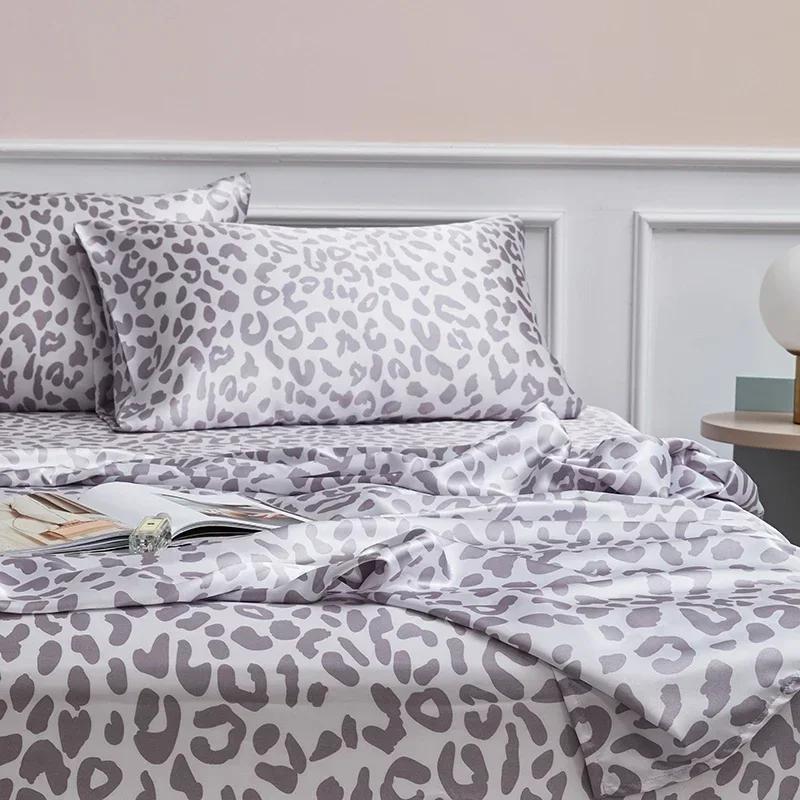 Leopard Print Fitted Sheet Set Queen High-end Satin Fabric Fitted Sheet Flat Sheet Pillowcase Bed Sheets Set King Bedsheet Sets