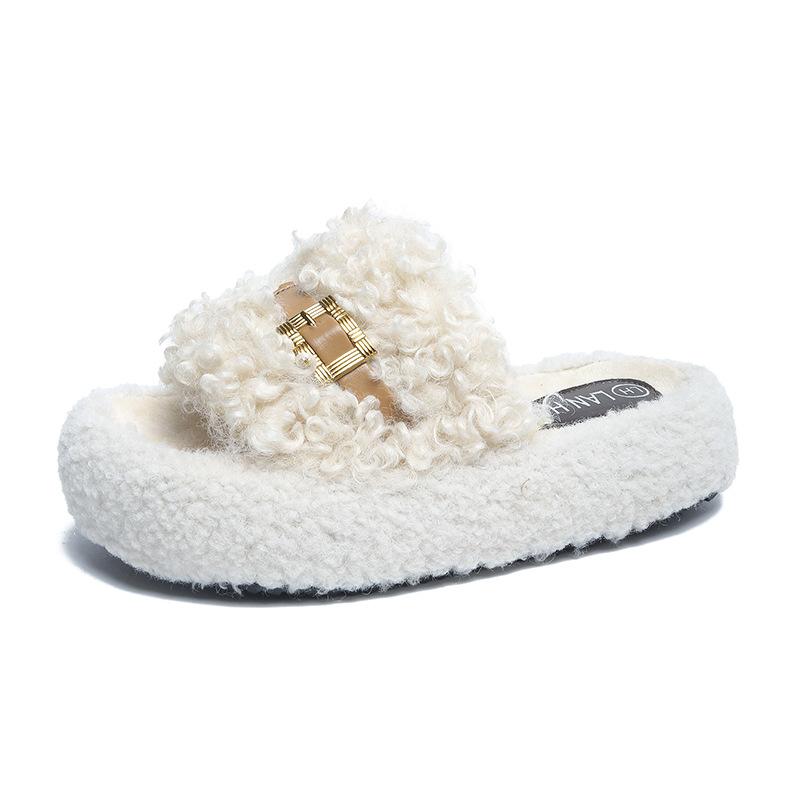 

Thick-bottomed fluffy slippers for outer wear in autumn and winter 2025 New belt buckle bow home plush cotton slippers 35