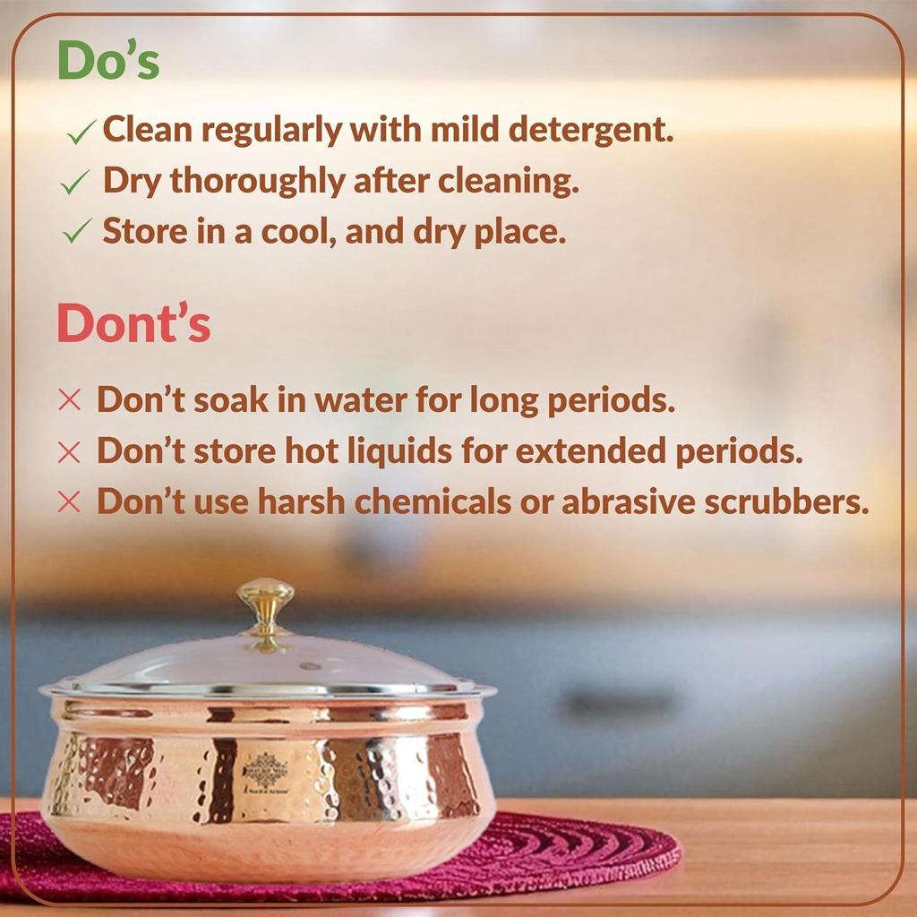 Hammered Steel Copper Casserole Donga Bowl with Glass Lid, Tableware & Serveware, 1400 Ml, Hammered, Polished