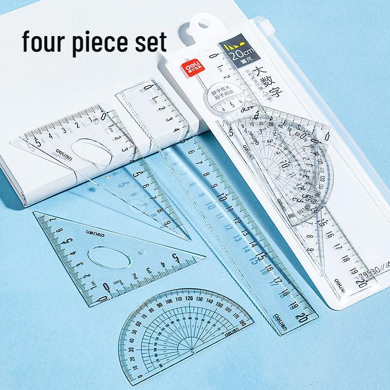 Deli 79530 Student Geometry Set: 4-Piece Transparent Rulers & Protractor