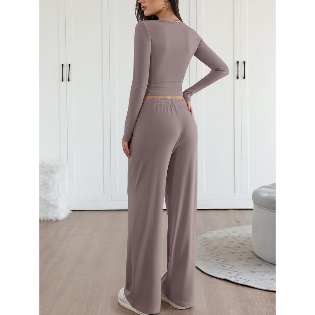 Women's Casual Round Neck Knitted Top Wide Leg Pants Set, Sports Floor Mopping Casual Pants