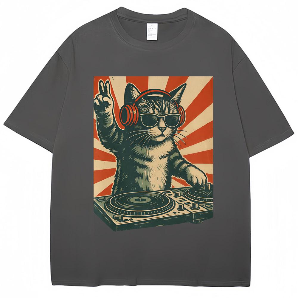 Funny Cool Dj Cat Meme Graphic Vintage T Shirt Men Women Humor T Shirts Oversized Cotton Casual T-shirt Streetwear Gifts