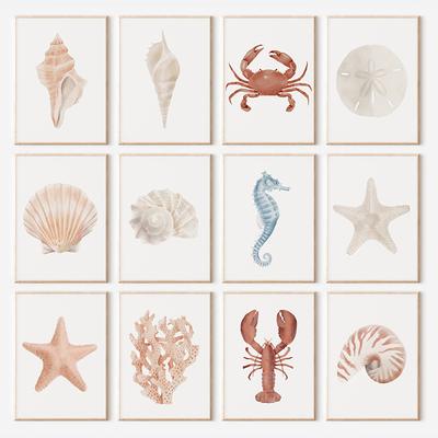 Strandkrabbe Muschel Koralle Seestern Schale Sand Aquarell Poster Leinwanddruck Küstenwandkunst Bild für Wohnzimmer Heimdeko
