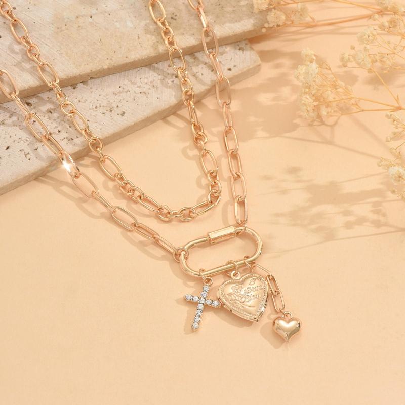 Fashion Gold Color Chain Heart-shaped Cross Pendant Necklace, 2 Pieces/set of Personalized Holiday  Gifts for Women