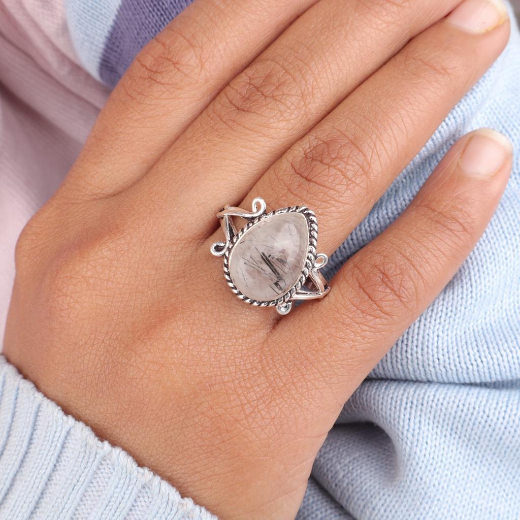 Black Rutile Gemstone 925 Sterling Silver Jewelry Handmade Ring For Girlfriend RR-57-27