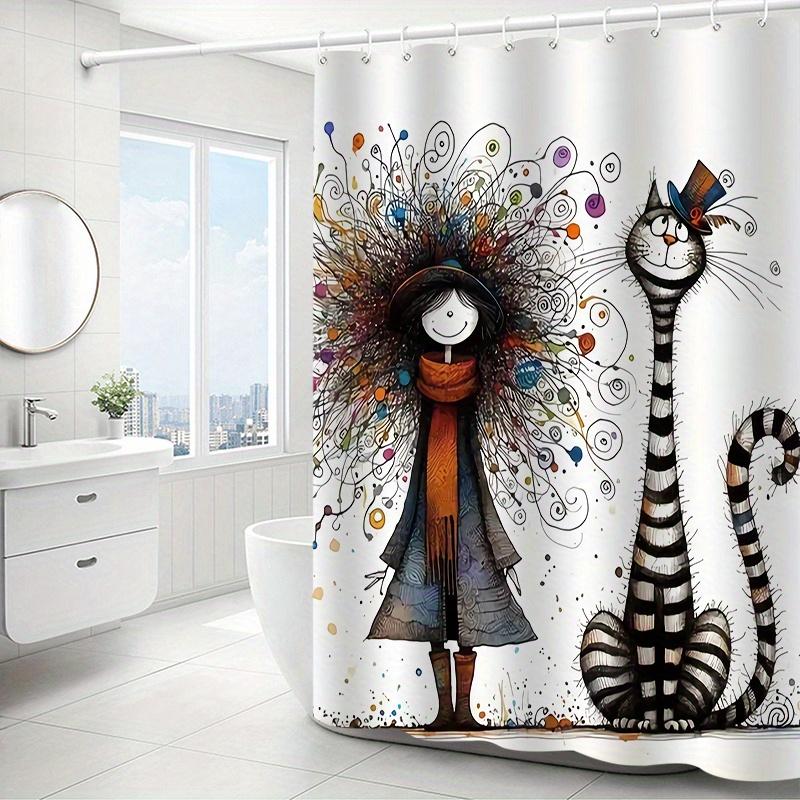 1pc Whimsical Girl and Cat Shower Curtain with Colorful Swirls - Polyester, Machine Washable, Ideal for Bathroom Decor
