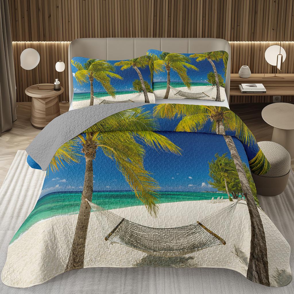 Beach Bedspread Tropical Palm Tree Coverlet SetSea Ocean Quilt Set Twin King Size Seaside Landscape Coastal Theme Bedding Sets