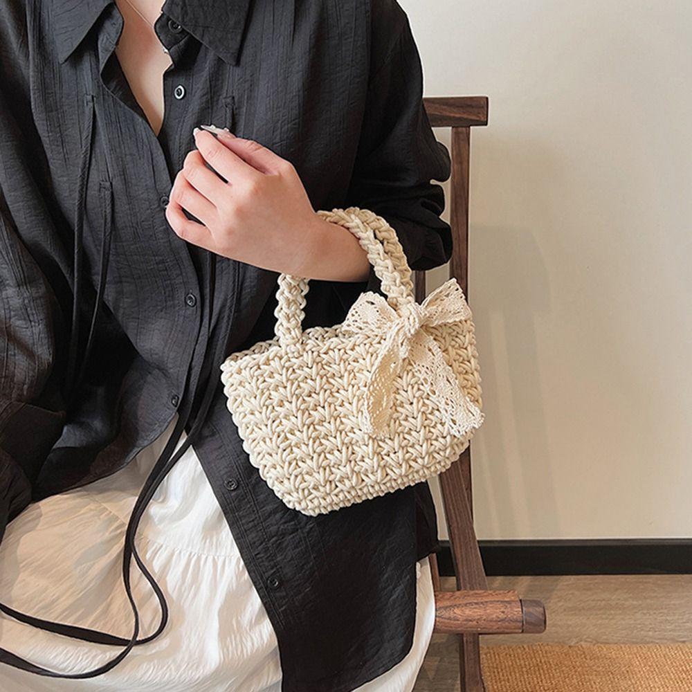 Lace Bowknot Beach Straw Bag Large Capacity Knitted Handbag Braided Underarm Bag  Woman Girls