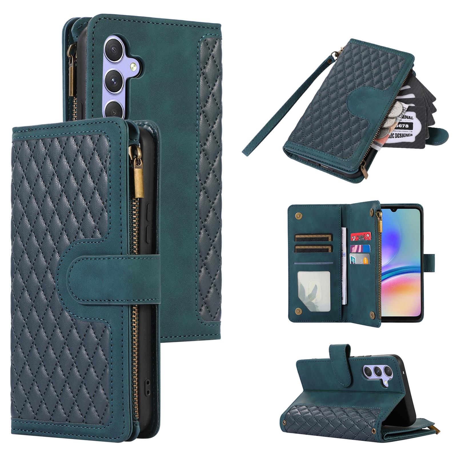 

For Samsung Galaxy A05s 4G Case Zipper Leather Rhombus Grid Imprinted Phone Protector Green
