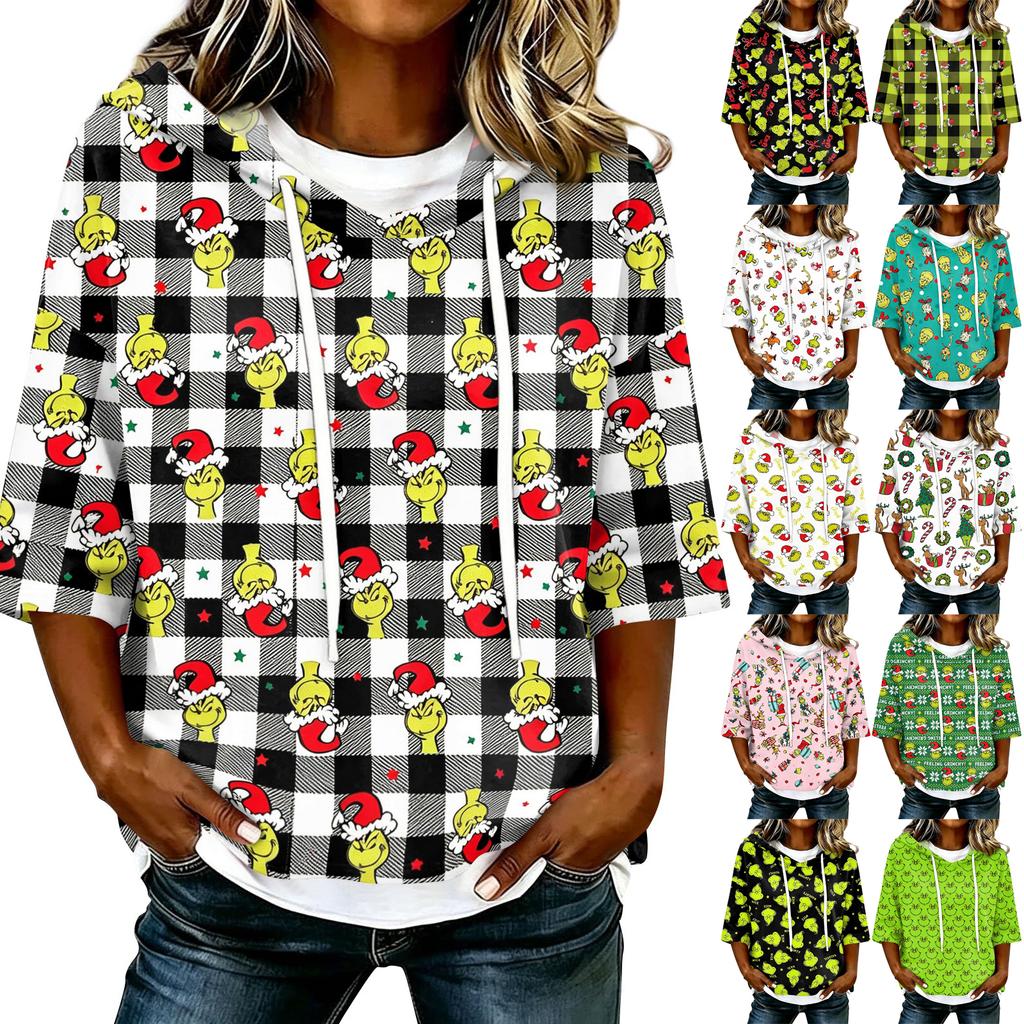 Women's Casual 3/4 Sleeve Hooded Christmas Print Top Festive Pullover T-Shirt for Holiday Outfits