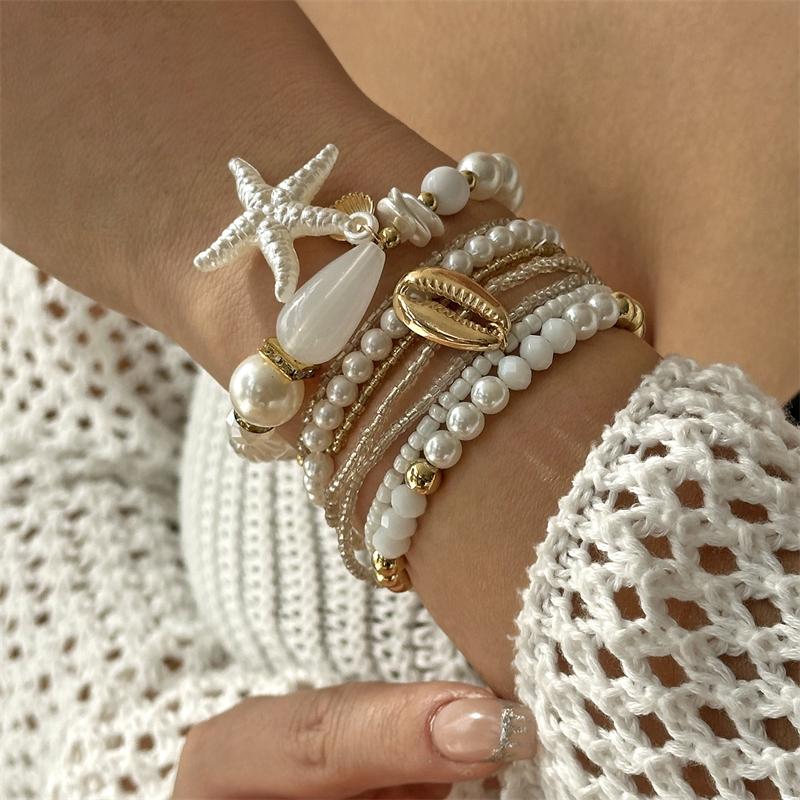 Imitation Pearl Starfish Shell Polymer Clay Braided Bracelet Personality Stacking Jewelry Beach Vacation Style Gift
