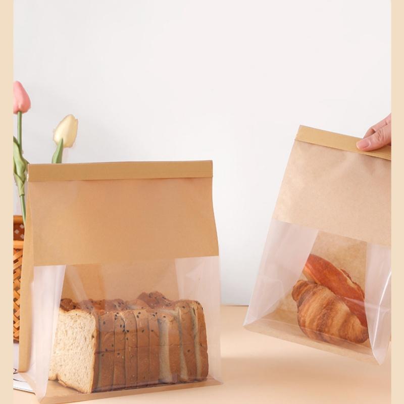 20pcs StoBag Kraft Bakery Bags with Clear Window Reclosable Zipper Bags for Bread Cookies Pastry Candy Cafe Takeout