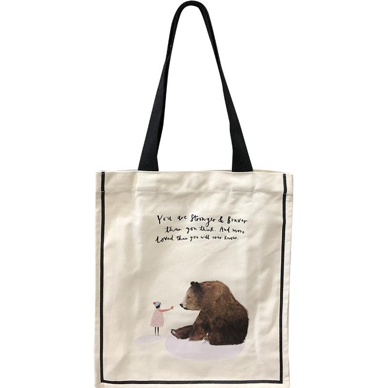 

Women Canvas Shoulder Bags Girl and Bear Print Cute Books Tote For College Student Eco Shopping Bag Cotton Cloth Purse Handbag