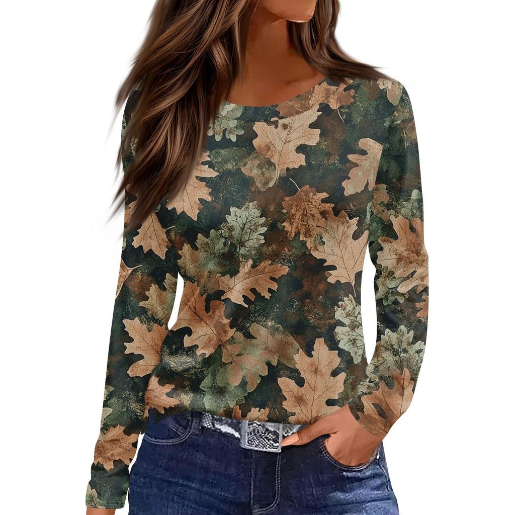 Moda Donna Top Casual a Maniche Lunghe con Scollo Rotondo e Spacco sull'Orlo con Stampa Foglia Morta