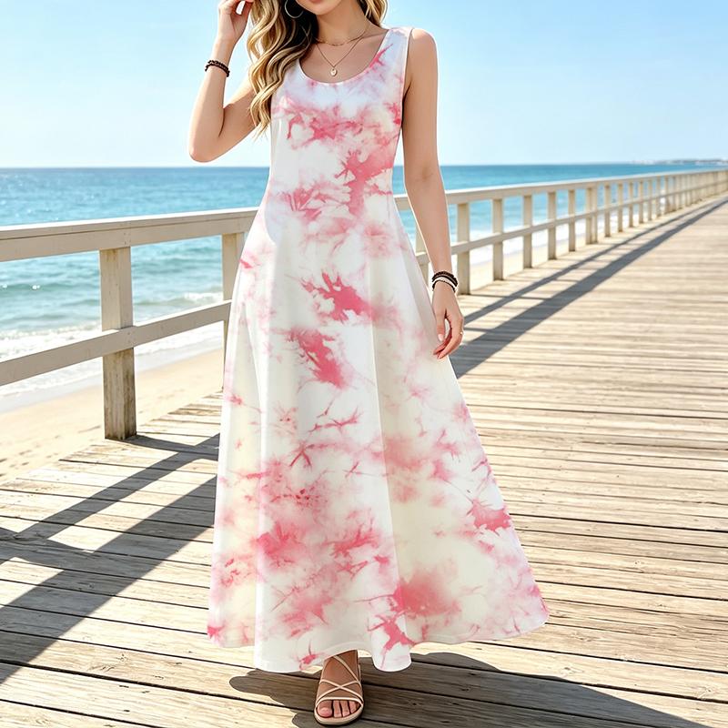 Women Sleeveless U Neck Maxi Dress,Pink Tie Dye Sundress,Abstract Splash Print,Summer Beach Dress