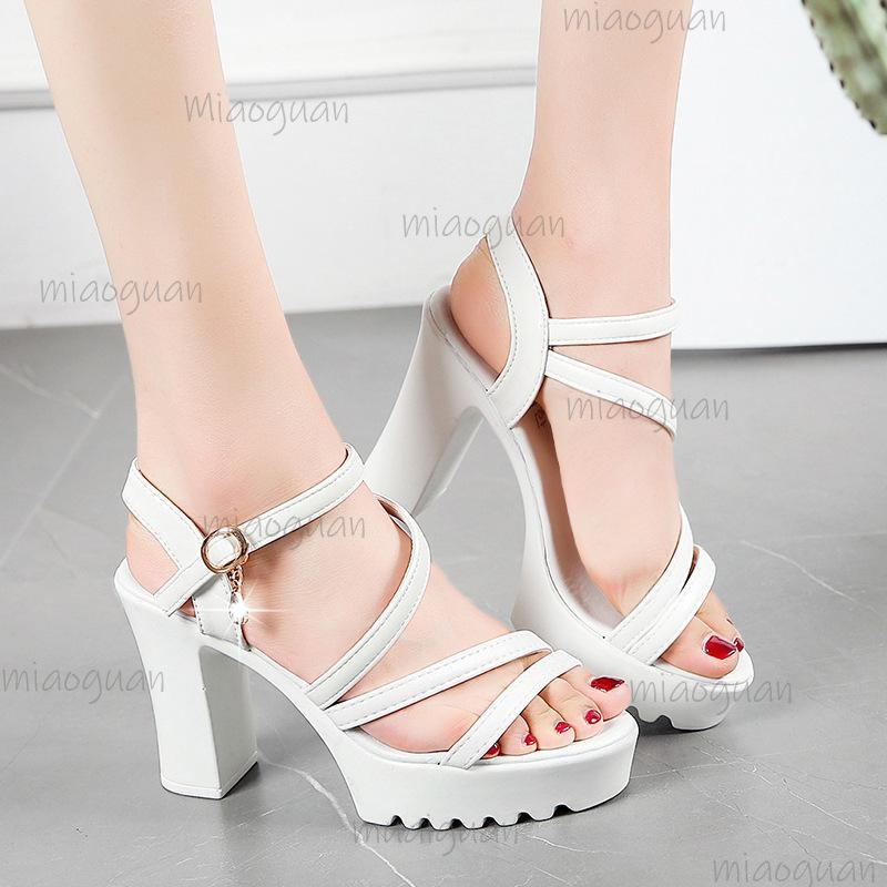 Women's Chunky Heel Platform Sandals Ankle Buckle Non-Slip Thick Sole Summer High Heel Dress Shoes Black/White Size 35-40