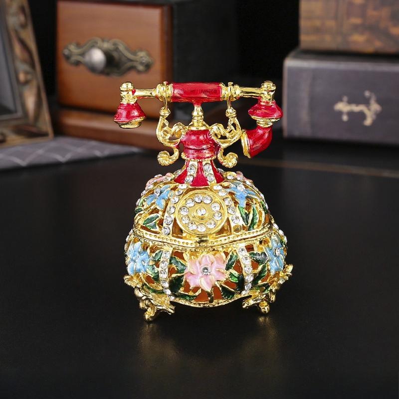 Vintage telephone crafts enamel color inlaid diamond hollow jewelry box flip cover home dressing table small ornament storage