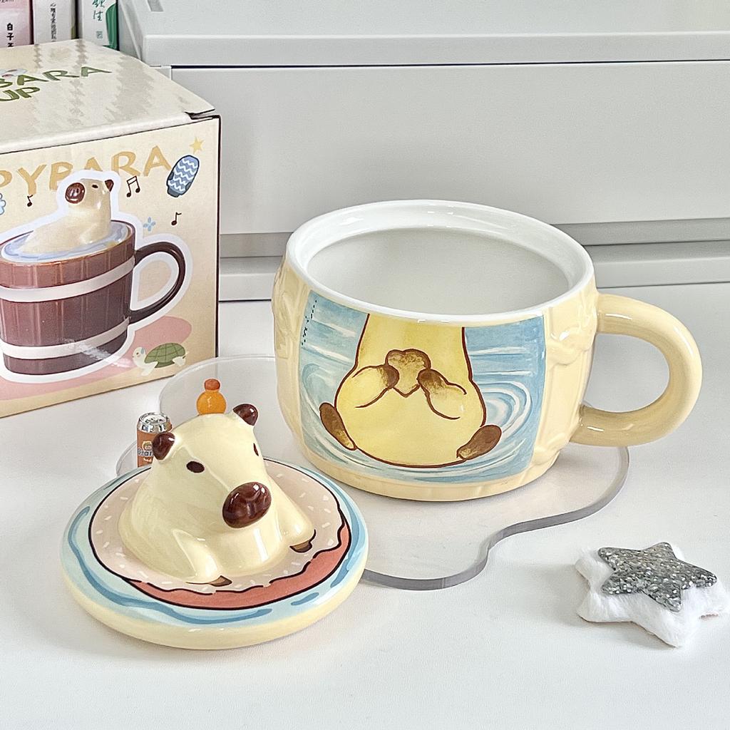 Cute Kapibara Water Cup Capybara Ceramic Mug with Lid Girl Birthday Gift Girlfriend Souvenir Gift Box