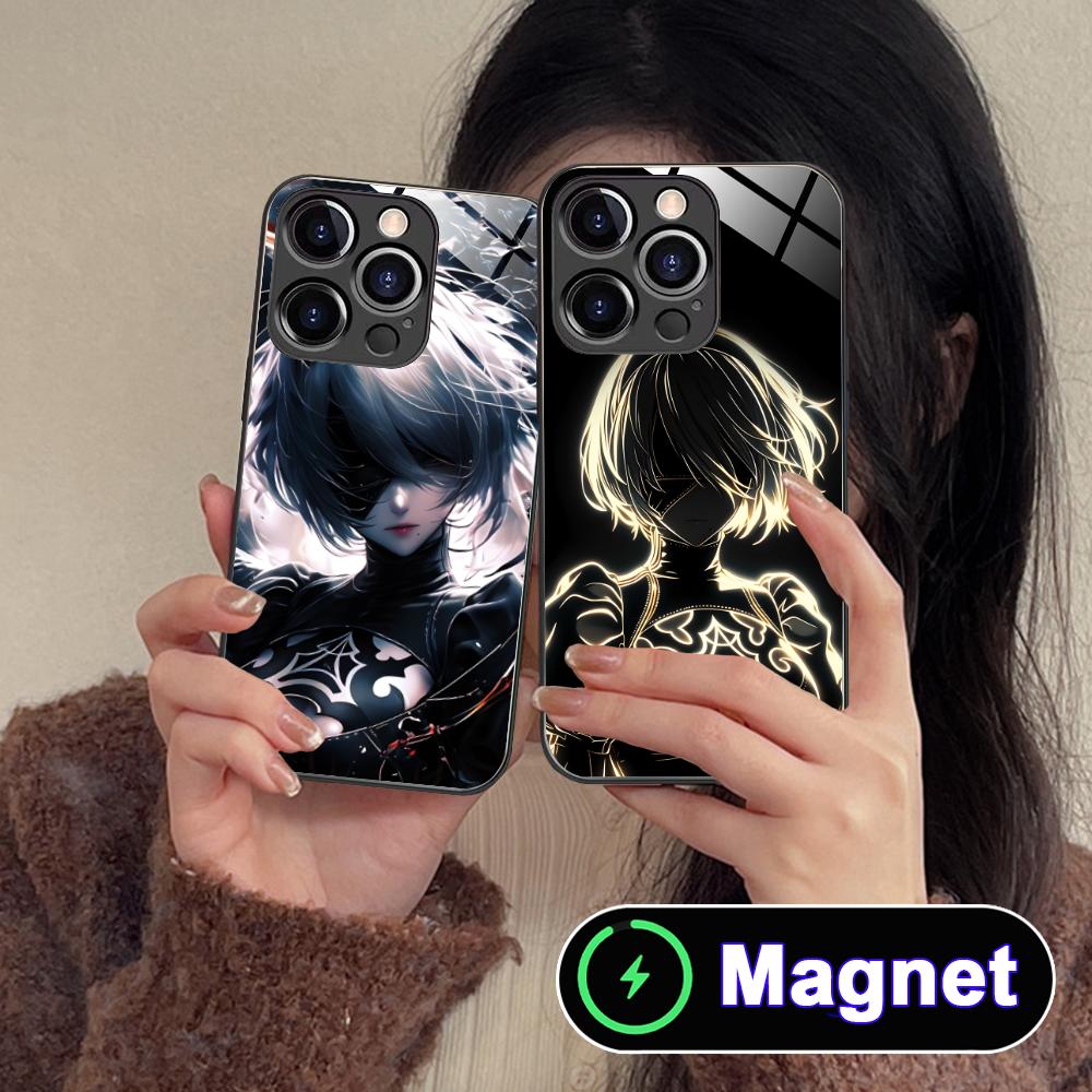 Anime Nier 2B Glass MagSafe Mobile Phone Case for iPhone 17 16 15 14 13 12 11 Air Pro Max Plus Mini Colorful Cover