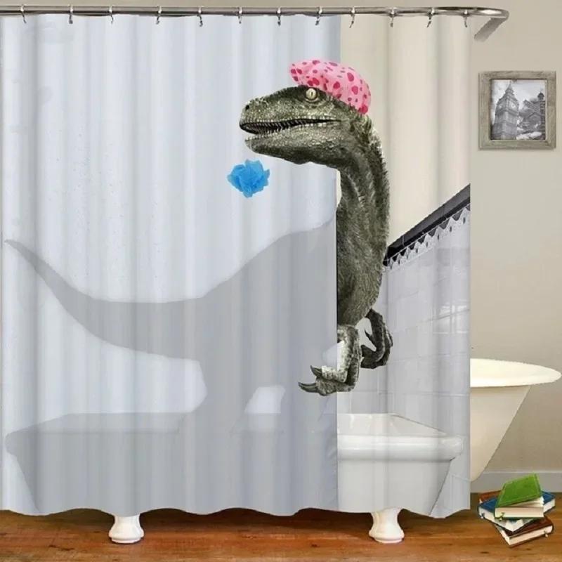 Funny Shower Curtains Bathroom Curtain With Hooks Decor Waterproof Cute Cat Dinosaur Bath Polyester Fabric