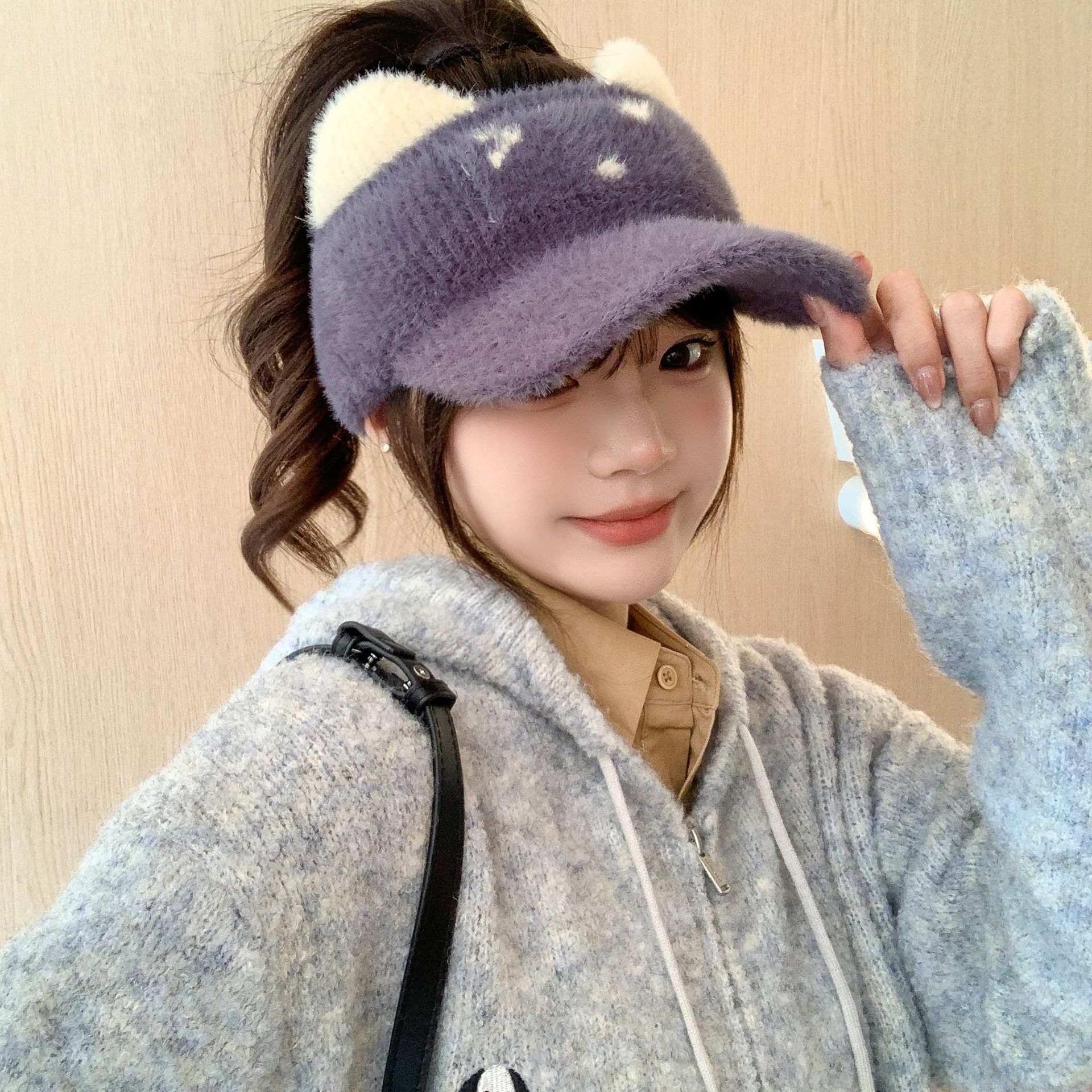 

New Style Cycling Ear Protection Plus Velvet Warm Knitted Woolen Hat Versatile Empty Top Peaked Cap for Women In Autumn and Winter one size