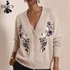 Women's Fashion Casual Fall Winter Flower Pattern Print Long Sleeve V-Neck Sweaters
