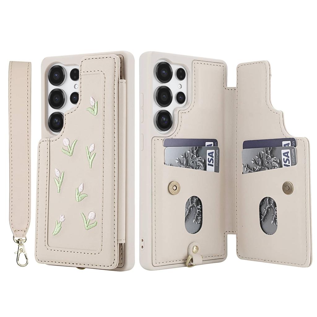 Flip Stoßfeste Hülle für Samsung Galaxy S25 S24 S23 Ultra Plus S24 FE Stereo Blume mit Lanyard Ständer Brieftaschenhülle für Damen