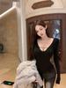 Women's Black Lace Splicing V-Neck Open-Back Long-Sleeve Top for Autumn/Winter