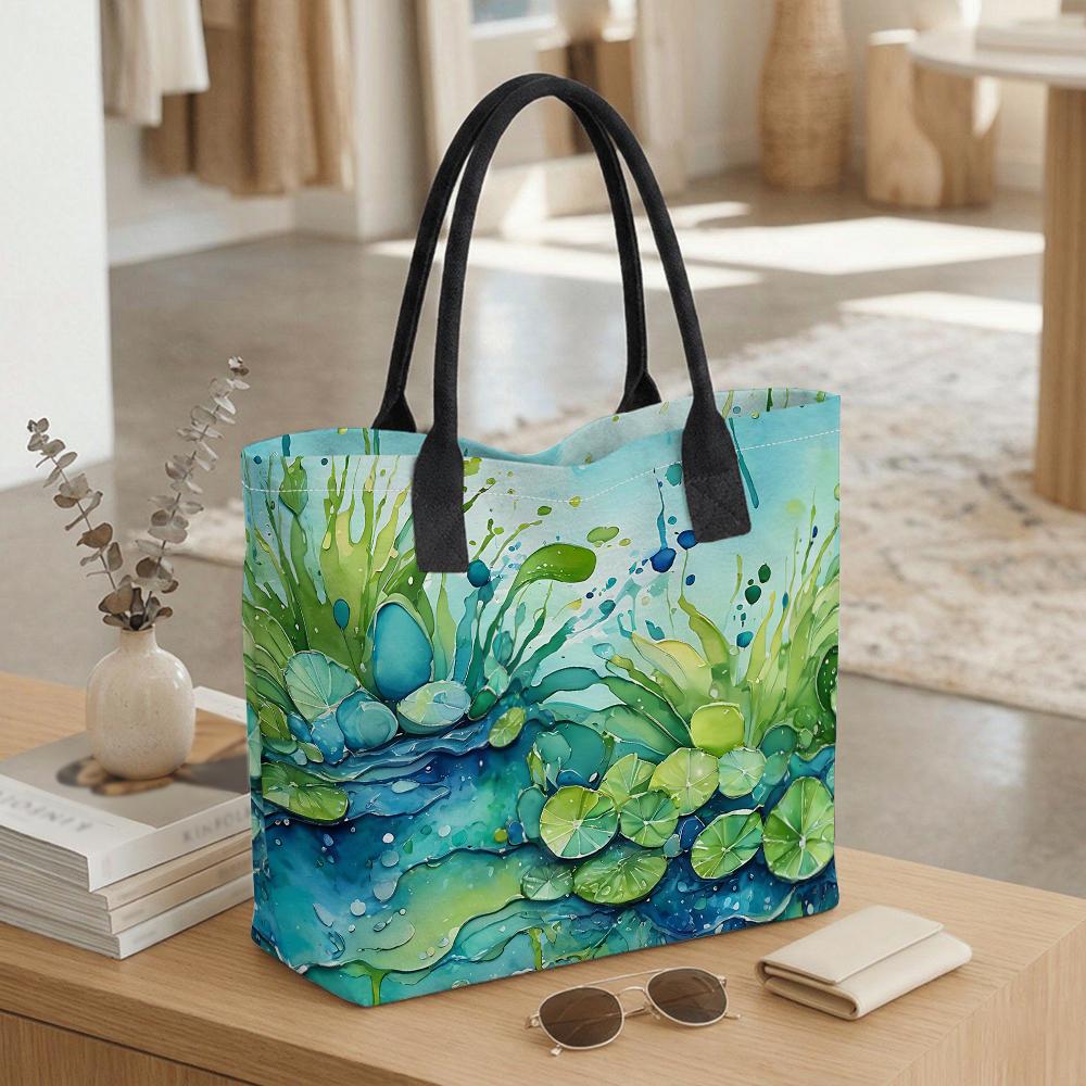 Watercolor Pond Lotus Print Tote Bag Casual Large Capacity Shoulder Handbag for Daily Use