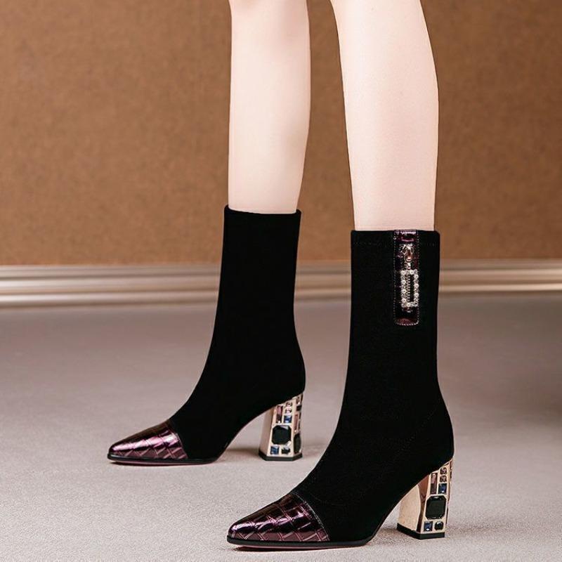 Fashion Elegant Heeled Slip On Rhinestone Women's Half High Boots New In Ladies Mid Calf Shoes 2025 Novelty Goth Luxury Hot Work Boot