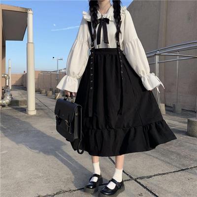 Spódnica z szelkami w stylu college'u, wiosenno-jesienna, koreańska wersja The Student, średniej długości, luźna, czarna, sukienka dla lalek Lolita
