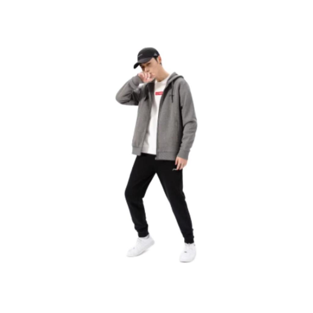 Li Ning Solid Color Fleece Lined Warm Hooded Jacket Sweatshirt Men Jacket Gray AWDRH23-2