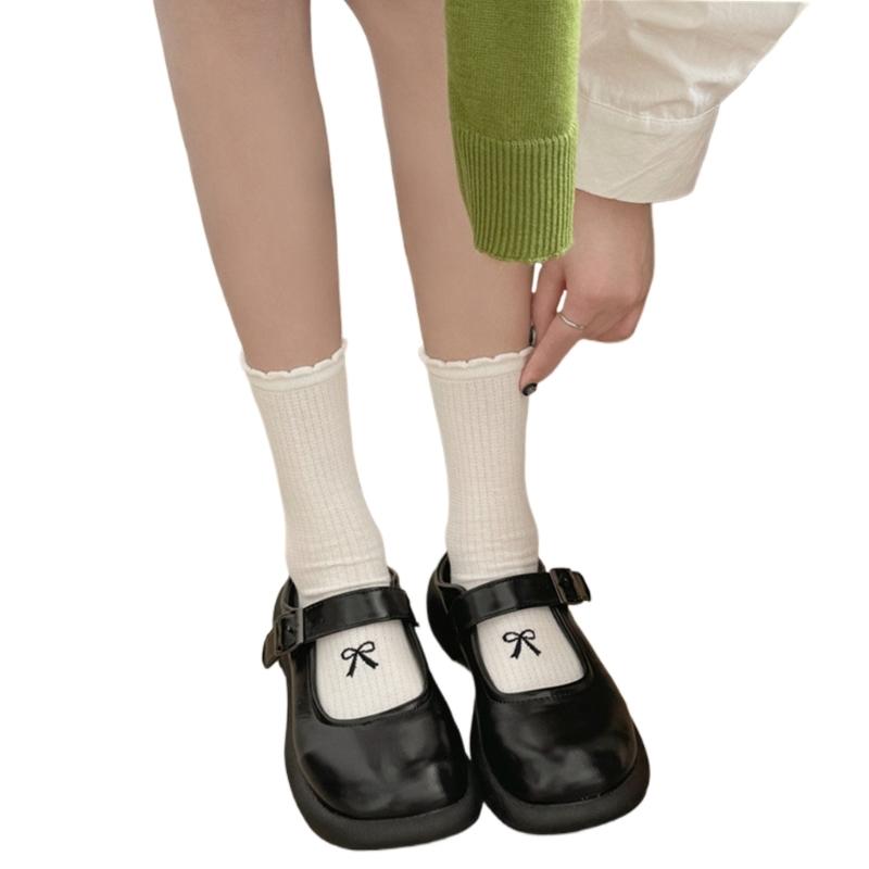 Japanese Style Solid Color Middle Tube Crew Socks for Women Cute Bowknot Pattern Cotton Bubble Ruffle Trim Calf Socks белый