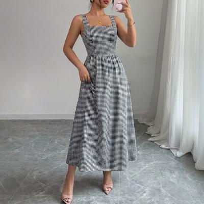 Womens Gingham Print Square Neck Sleeveless High Waist A Line Maxi Dress