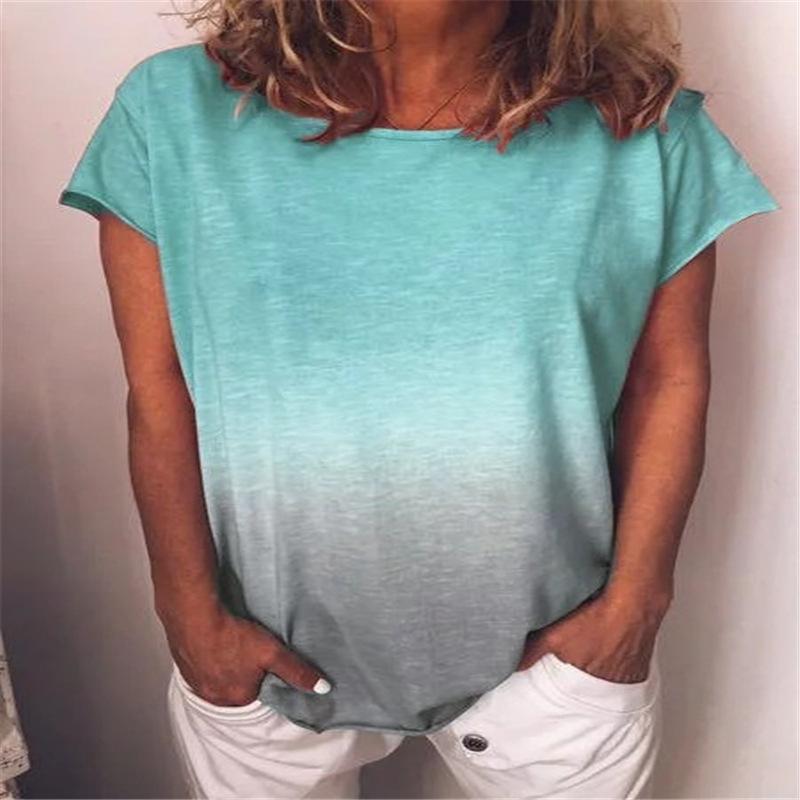 Women's Summer Rainbow Gradient Printed Round Neck Short Sleeve Loose T-shirt