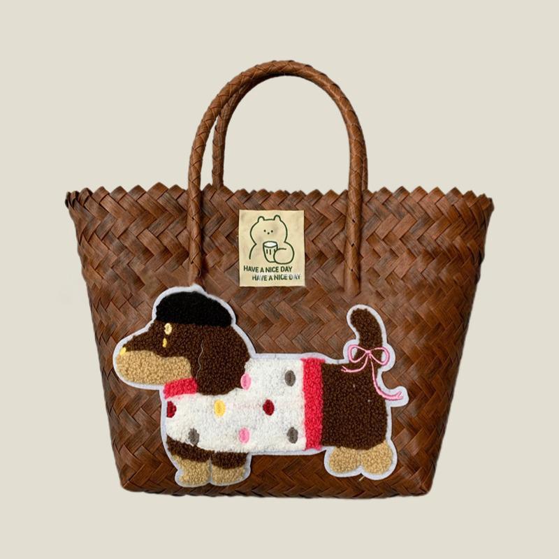 Retro Striped Dachshund Dog Woven Bag Trendy Cute Handbag Large Capacity Tote Bag  Bamboo Handle Vegetable Basket Bag