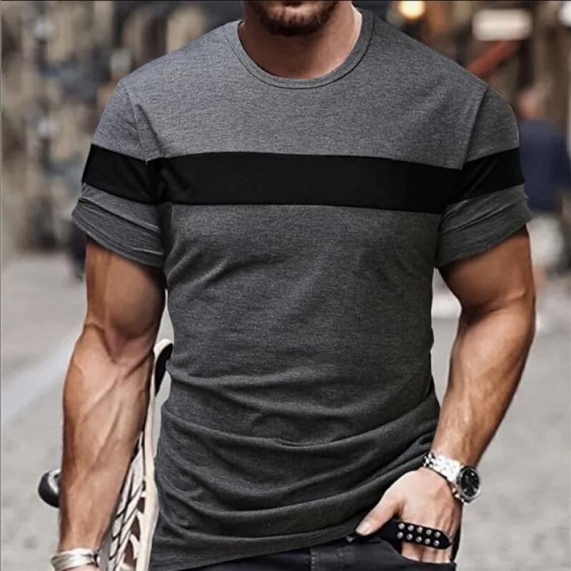 Men Summer New Printed Color Block Short Sleeve Crew Neck T Shirt Casual Contrast Top