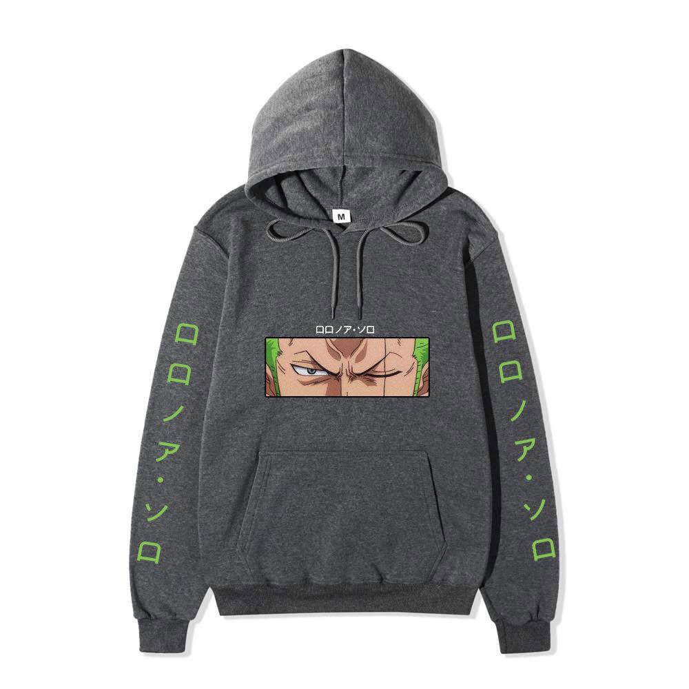 One Piece Roronoa Zoro Hoodie, Double Side Sleeve Japanese Text Printed Pullover Hooded Sweatshirt Anime Long Sleeve Streetwear Hoodie
