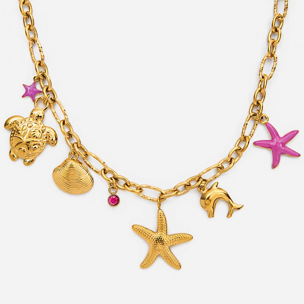Design Vacation Style 18K Gold, Pink Dolphin Shell Turtle Dripping Oil Pentagram Necklace