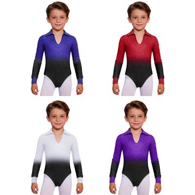 Boys Gymnastics Dance Leotard Turn Down Collar Long Sleeve Shiny Rhinestones Gradient Color Bodysuit