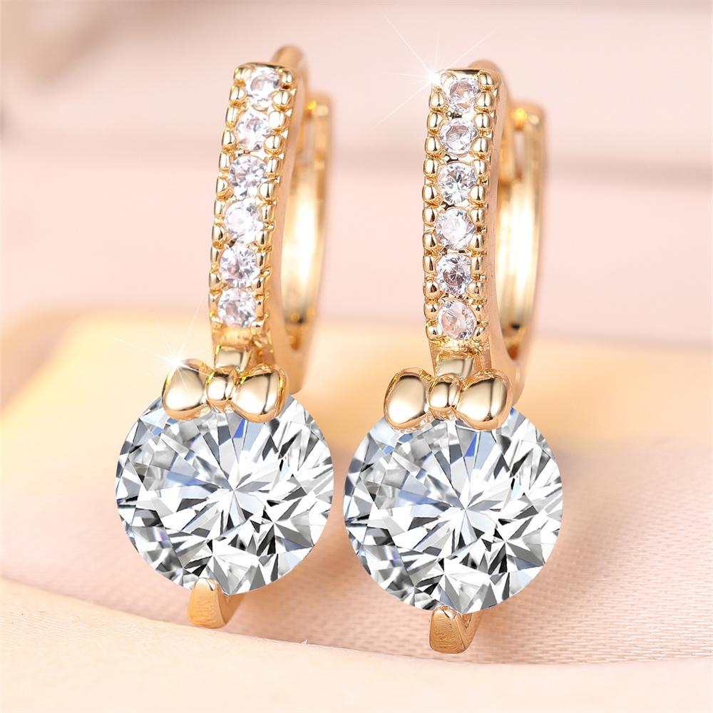 White Zircon Round Stone Cute Metal Bowknot Small Hoop Earrings For Women Gold Color Ear Buckle Wedding Jewelry Versatile Gifts