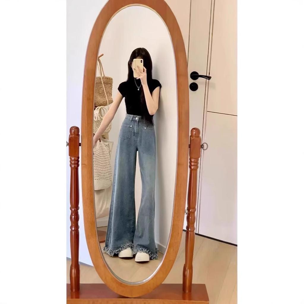 Rough edge flared jeans women's early autumn new high waist thin loose lazy American high street wide leg pants flared pants