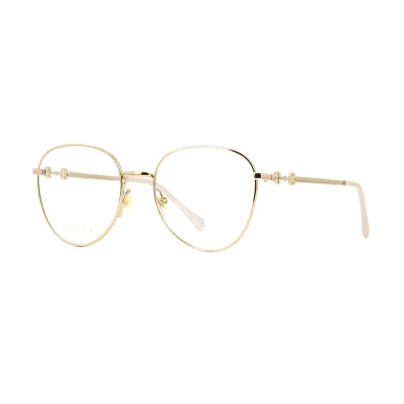 Gucci Horsebit lightweight temples with logo engraving decoration, round optical frame, same style for men and women, gold