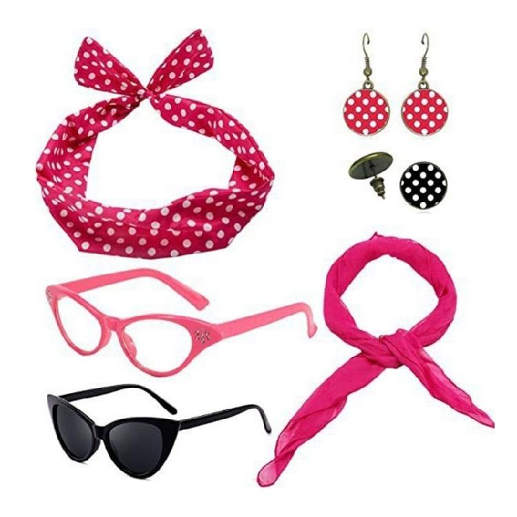 Woman Polkas Dot Earrings Scarf Headband Cats Eye Glasses 50's Costume Accessories Set for Party